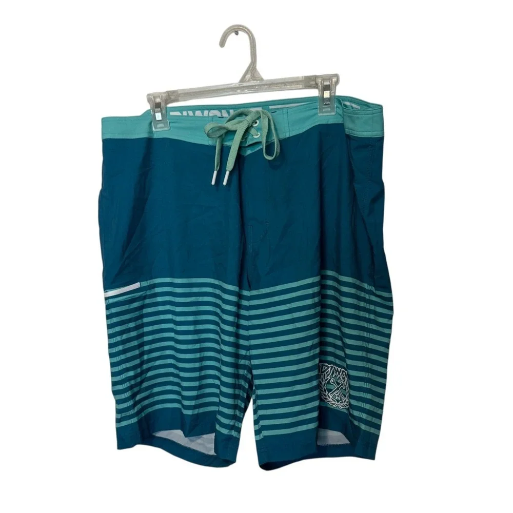 Dixxon Board Shorts Mens 38 Blue Teal Striped Swim Trunks Bathing Suit Beach